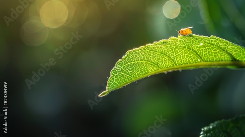 Green beetle on a dewy leaf for nature or biology themed designs