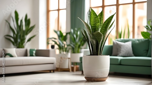 Sansevieria or snake plant in a pot against a blurred living room interior background. Generative AI.