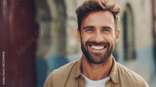 A man with a beard is smiling while wearing a tan shirt