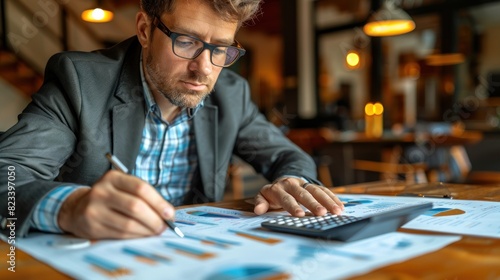 A man seated at a table, using a calculator and pen for calculations or paperwork