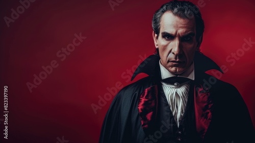 Person dressed as vampire in front of red background