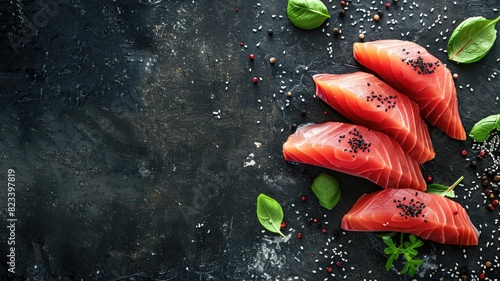 Fresh tuna sashimi slices on dark background with spices