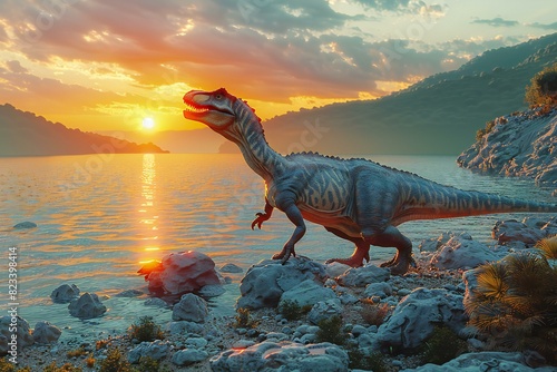 Dinosaur standing on a rocky lake at sunset, high quality, high resolution