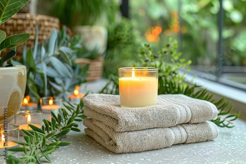 Featuring a spa theme with candle and towels in hotel, high quality, high resolution