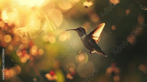 Hummingbird in flight with a blurry green and yellow background