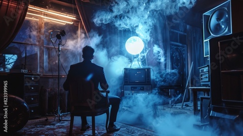 a man sitting in a chair in a room with a full moon