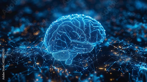 Human brain on blue neon background . An organ of anatomy, neurology, healthy body . 3d illustration