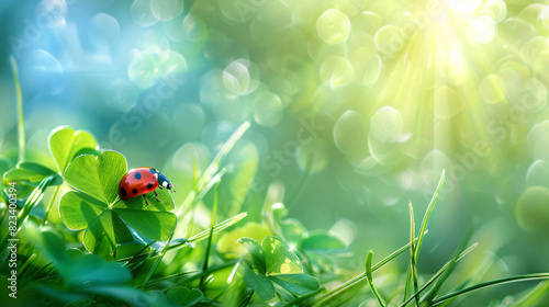 Fresh green grass clover and ladybug against blue sky