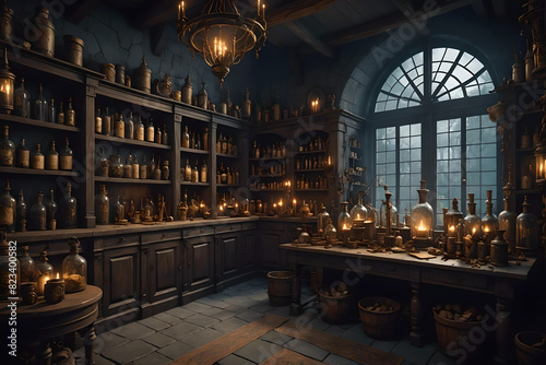 Alchemist workshop. A strange and creepy room with cabinets of curiosities filled with lots of bottles and glass jars. CG Artwork Background. AI generated digital illustration