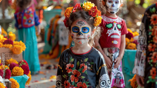 Young Girl Adorned for Day of the Dead Celebration with Vibrant Makeup