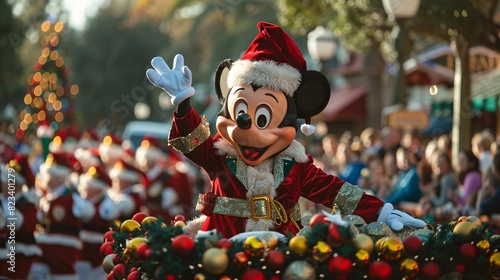 A Christmas parade featuring floats adorned with festive decorations, marching bands playing holiday music, and costumed characters waving to the crowd