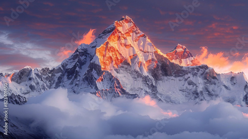 Pumori or Pumo Ri at sunset Himalayas of Nepal.