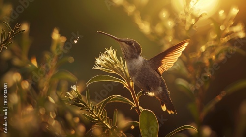 Hummingbird with insect in beak perched on a branch in sunset light