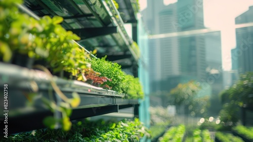 Green spinach vegetable plants on a modern hydroponic farm shelf.