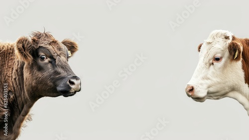 Two cows facing each other on plain background
