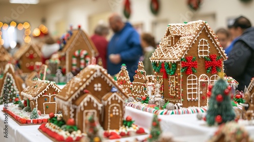 A festive gingerbread house competition, with intricately designed gingerbread houses on display, surrounded by holiday decorations and cheerful onlookers