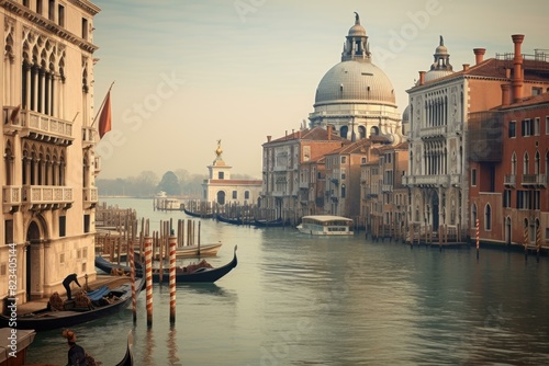 Peaceful dawn overlooking the grand canal and the iconic santa maria della salute in venice