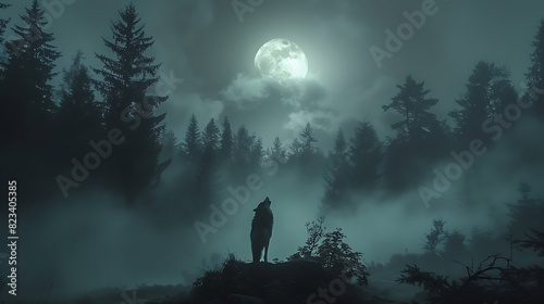 Roaming mistshrouded forests of the Pacific Northwest a solitary wolf howls beneath the light of the full moon its mournful cry echoing through the ancient trees