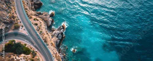 Coastal road aerial view with turquoise sea