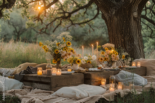 Picture a rustic picnic blanket spread out under the shade of a towering oak tree. Mason jar candles flicker in the twilight as wildflower bouquets adorn the makeshift outdoor table, surrounded by woo
