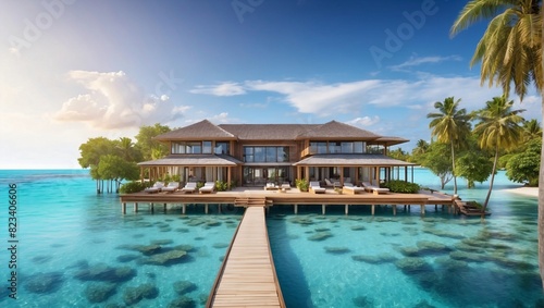 This is an image of a wooden dock leading to an overwater bungalow with a thatched roof in the middle of the ocean. The water is a bright blue/turquoise mixture, and the sky is blue with sparse white 