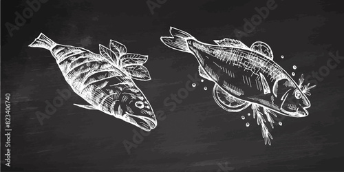 Hand-drawn monochrome vector sketch of barbecue fish. Doodle vintage illustration. Decorations for the menu of cafes and labels. Engraved image.