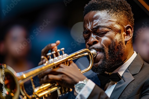 A close-up of a skilled trumpeter playing a solo at the Guca Trumpet Festival, with intense focus on their face and the audience captivated by the music