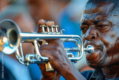 A close-up of a skilled trumpeter playing a solo at the Guca Trumpet Festival, with intense focus on their face and the audience captivated by the music