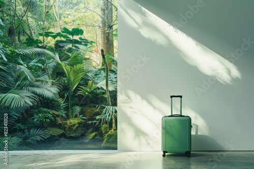 An editorial minimalist shot featuring a green suitcase positioned in front of a large white wall, with a small opening revealing a muted exotic rainforest scene in the background, creating a