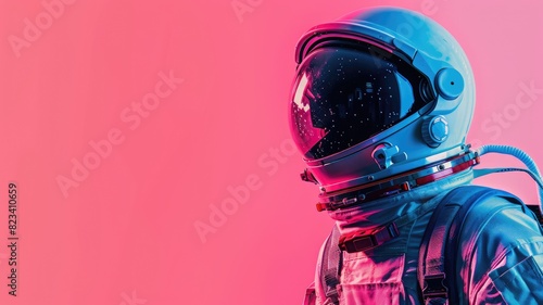 Person in astronaut suit against pink background