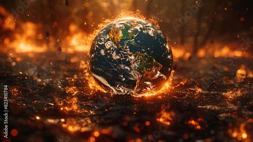 A burning Earth globe symbolizes the dangers of climate change and environmental destruction.