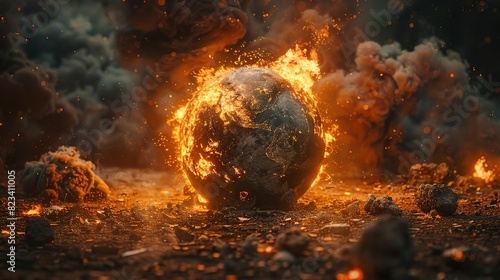 A burning globe on a scorched earth, a powerful image of climate change and global warming.