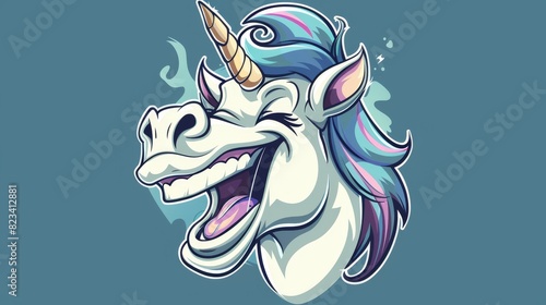 A cartoon unicorn head neighing and laughing. Modern illustration with simple gradients.