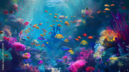Vibrant underwater seascape with tropical fish