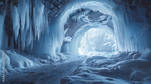 Mesmerizing photo of a natural ice cave entrance in a winter wonderland setting