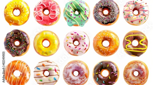 A cartoon set of colorful tasty donuts isolated on a white background. This is a collection of glazed doughnuts with top views suitable for cafe decoration or menu design.