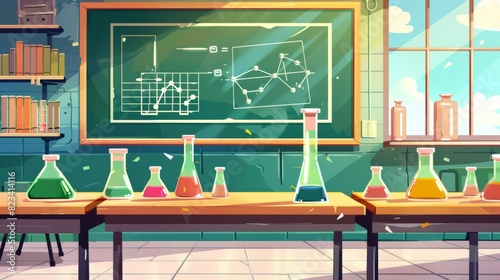 An empty classroom for chemical education with a chalkboard and flasks on the desk, and a poster with a chemical periodic table on the wall.