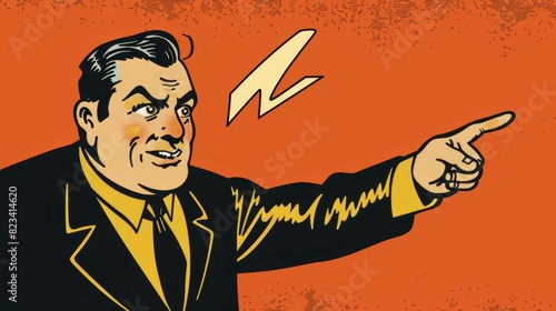 This is a vintage retro cartoon depicting a businessman gesturing to the left towards something interesting.