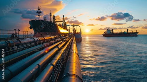 Oil pipelines stretching across the ocean waters as the sun sets, transporting oil between offshore platforms.
