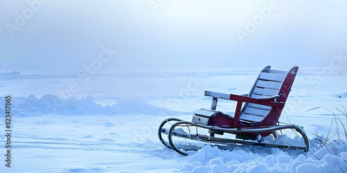 sleigh stuck in a pile of snow centered copy space selective focus. Concept Winter Photography, Snowy Day, Stuck Sleigh, Copy Space, Selective Focus