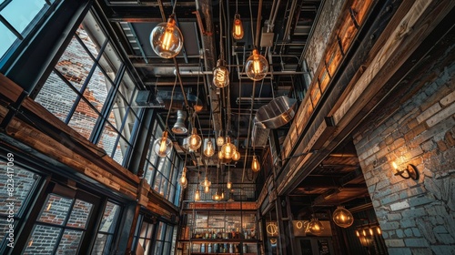 Rustic wooden ceiling with industrial lamps for interior design inspiration