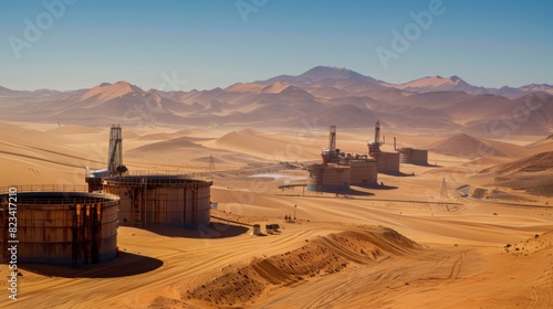 An oil field operation in the desert, with machinery extracting oil surrounded by mountainous terrain in the background.