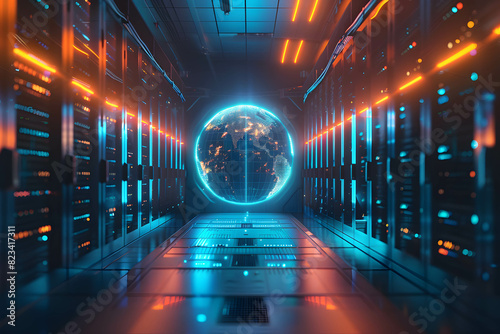 Data center or cloud computing system, connecting information and data all over the world through online and collecting huge amounts of data