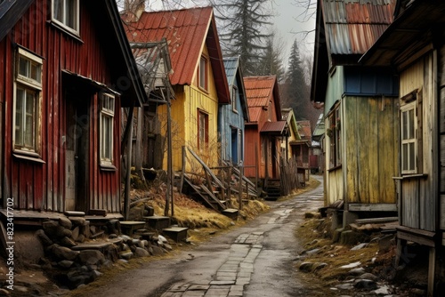 Serene view of a quiet village street lined with vibrant, traditional wooden houses