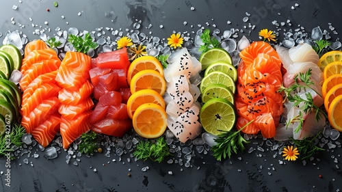 Japanese food: top view of a set of fresh red meat salmon and trout fish, seafood steaks on a black board decorated with orange and lime.