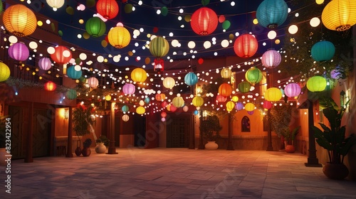 A narrow alley transformed into a whimsical nighttime scene with multicolored lights hanging overhead in a crisscross pattern.