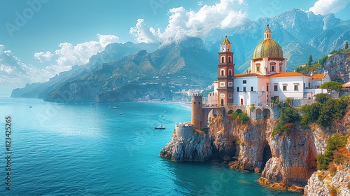 Landscape with Atrani town at famous amalfi coast free text Copy Space