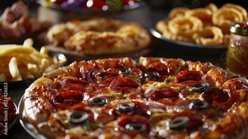 Close-up of a delicious pepperoni pizza with olives and cheese, surrounded by other appetizing dishes, perfect for a feast.