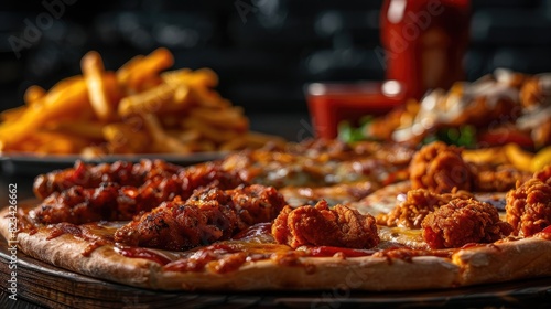 Close-up of a delicious pizza with toppings and a side of fries, perfect for a casual meal or dining experience.
