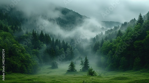 Mystic landscape. Mystic foggy landscape in the morning free text Copy Space